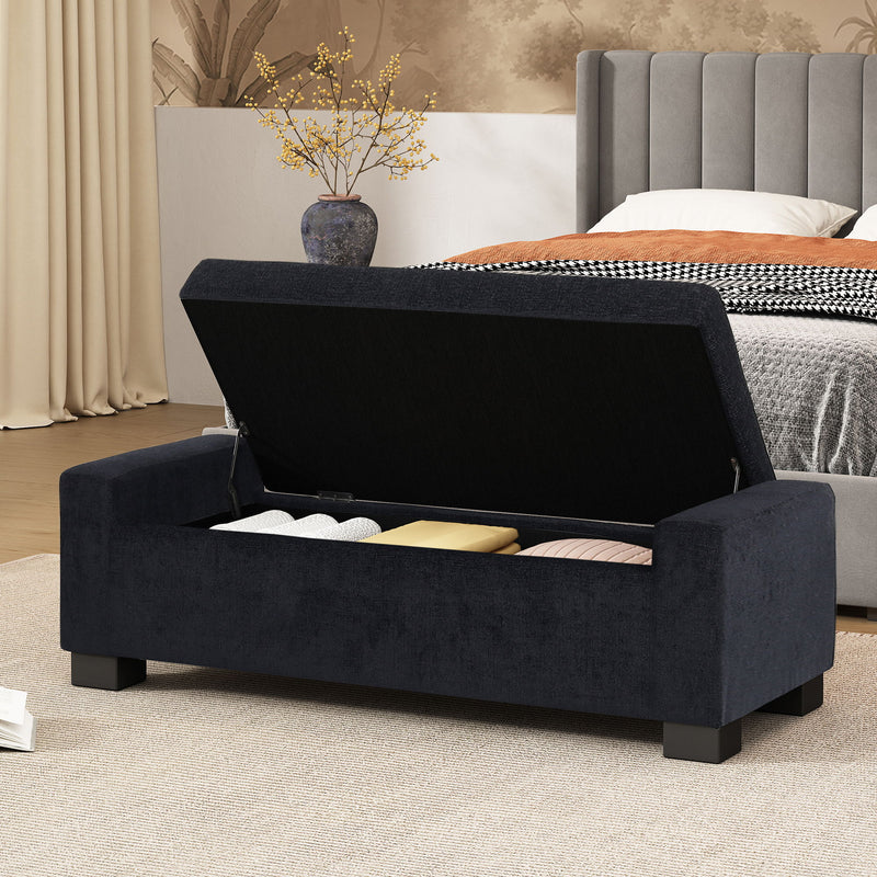 Noble House textured fabric ottoman bench with hinged lid, featuring a soft, upholstered surface and sturdy wooden legs.