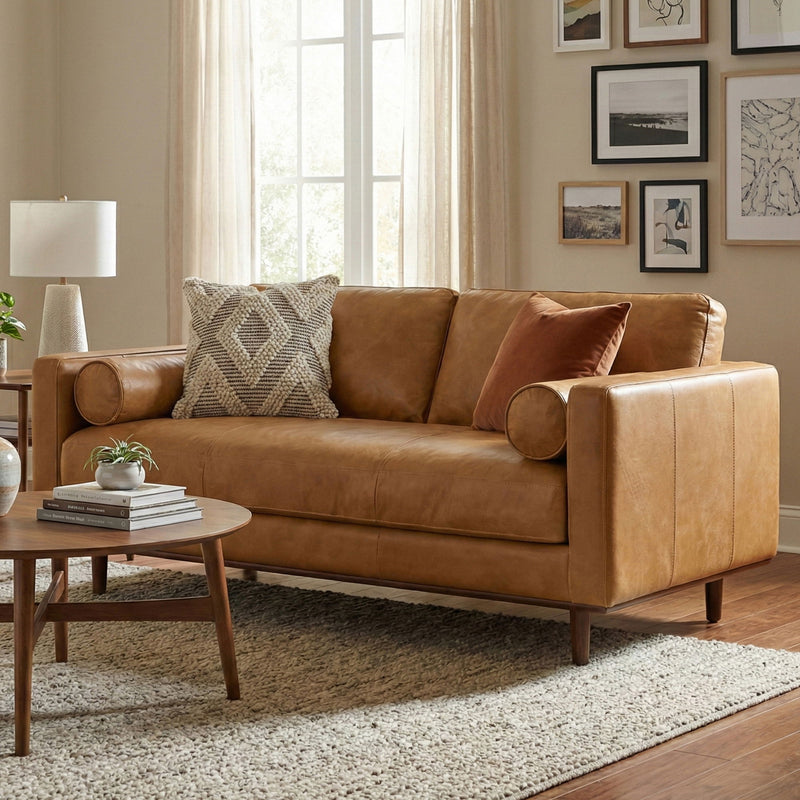 Simpli-Home Morrison upholstered stationary sofa with plush fabric and cushioned armrests, ideal for living room seating.