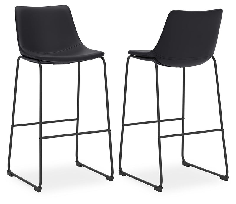Set of two Signature Design by Ashley Centiar upholstered barstools with cushioned seats and wooden legs, ideal for kitchen or bar area.
