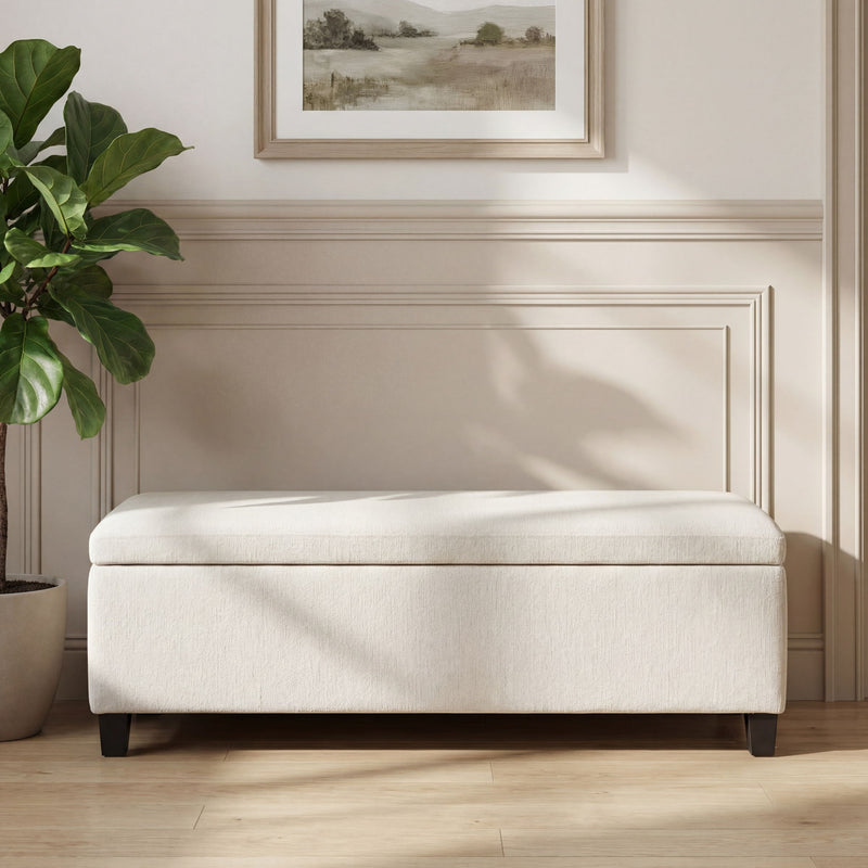 Noble House upholstered storage ottoman bench with cushioned top and interior storage, in a neutral fabric finish.