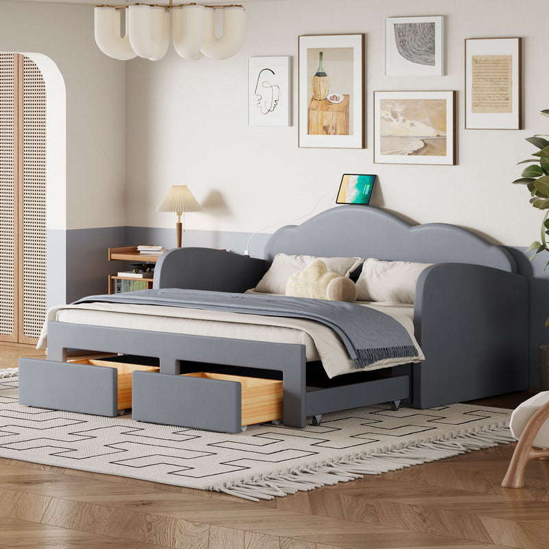 Upholstered Daybed With Cloud-Shaped Backrest, Trundle & 2 Drawers And USB Ports - R&R Furniture Gallery (Fountain Valley, CA)