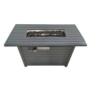 Gray outdoor gas fire pit table by LSI Patio Furniture with a durable construction and a lid, shown with the fire pit open and ready for use.
