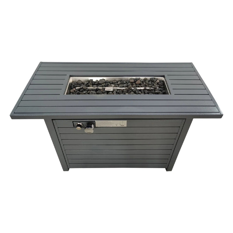 Gray outdoor gas fire pit table by LSI Patio Furniture with a durable construction and a lid, shown with the fire pit open and ready for use.