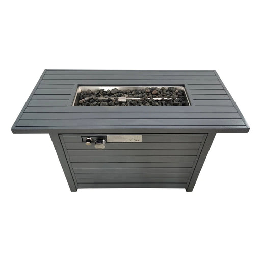Gray outdoor gas fire pit table by LSI Patio Furniture with a durable construction and a lid, shown with the fire pit open and ready for use.