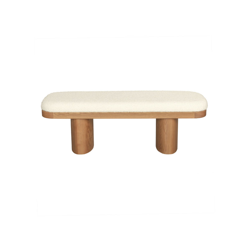 Ollie Boucle Wooden Bench by TOV Furniture, white upholstered bench with wooden legs, modern and stylish seating option.