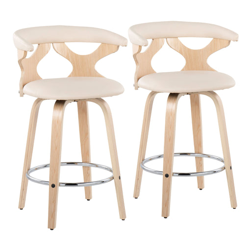 Lumi Source Gardenia mid-century modern counter stool set with swivel seats and wooden legs, shown in a stylish home setting.