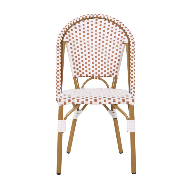 Noble House outdoor rattan and aluminum French bistro chair set with woven seats and curved backs for patio dining.