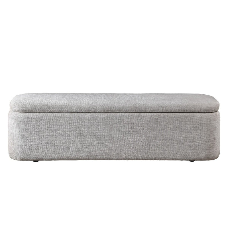 Gray ACME Orane storage bench with cushioned seat and wooden legs, featuring built-in storage compartment.