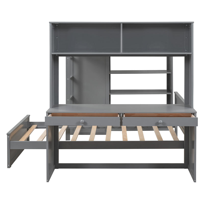 DreamHaus loft bed with twin size standalone bed, shelves, desk, and wardrobe, showcasing a modern multi-functional bedroom setup.
