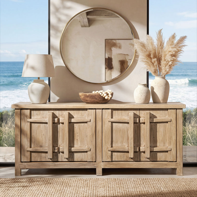 Jennifer Taylor Home Rowan 4-door sideboard cabinet in natural wood, featuring sleek design and storage compartments.