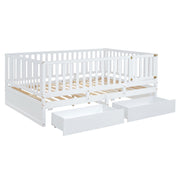 DreamHaus storage daybed with fence guardrails, two drawers, split into a floor bed and daybed, showcasing its versatile design.