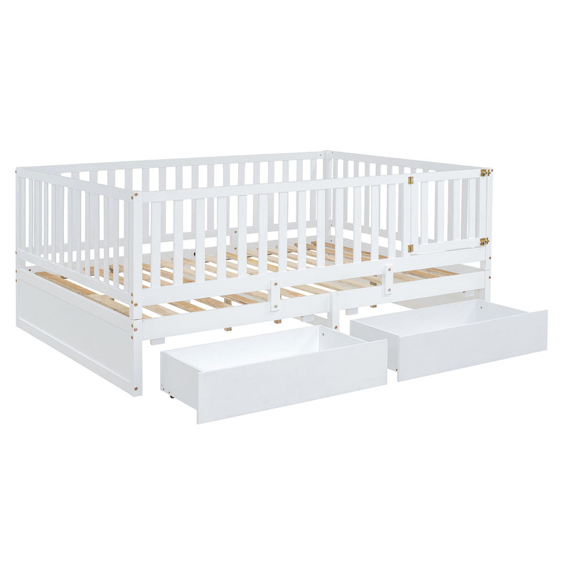 DreamHaus storage daybed with fence guardrails, two drawers, split into a floor bed and daybed, showcasing its versatile design.
