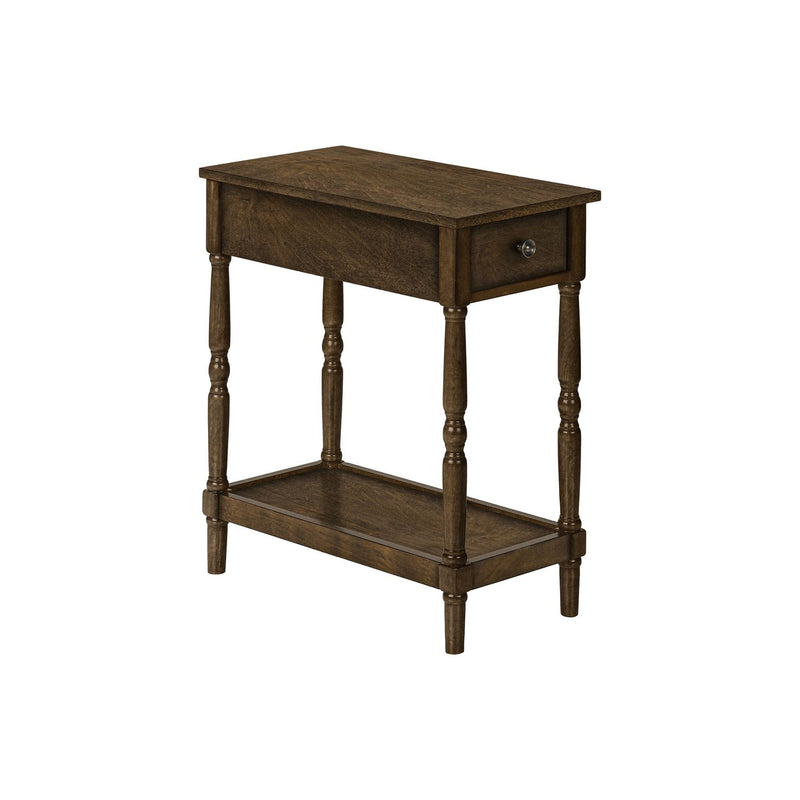 8th Street accent end table with two tiers, storage drawer, traditional stylish design, featuring wood finish and decorative details.