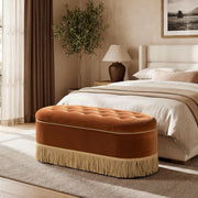 Jennifer Taylor Home Melinda oval tufted bullion fringe storage bench with upholstered cushion and decorative fringe detailing.