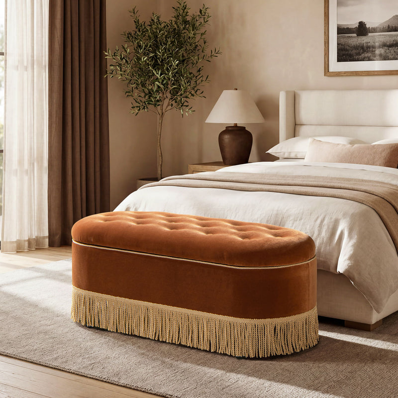 Jennifer Taylor Home Melinda oval tufted bullion fringe storage bench with upholstered cushion and decorative fringe detailing.