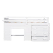 DreamHaus loft bed with integrated cabinet and shelf, featuring a sturdy wooden frame and space-saving design for bedroom organization.