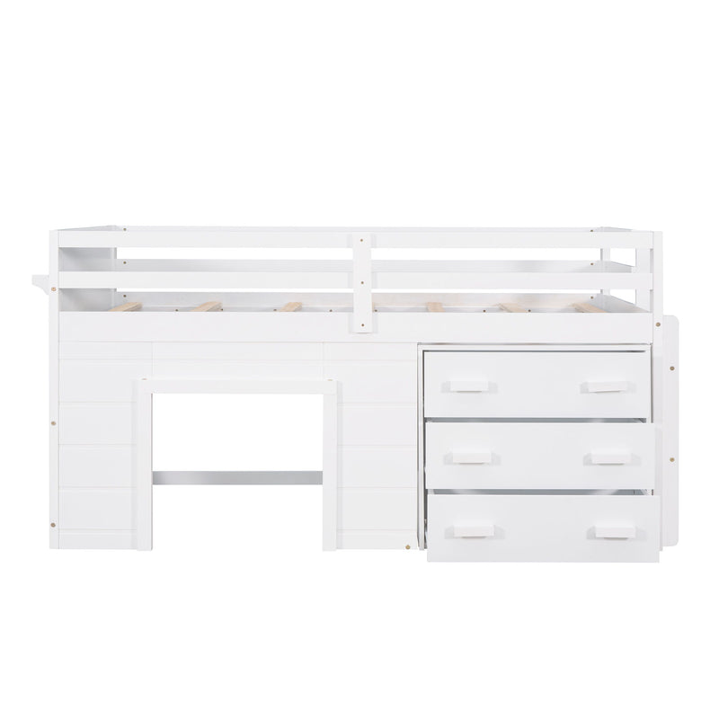 DreamHaus loft bed with integrated cabinet and shelf, featuring a sturdy wooden frame and space-saving design for bedroom organization.