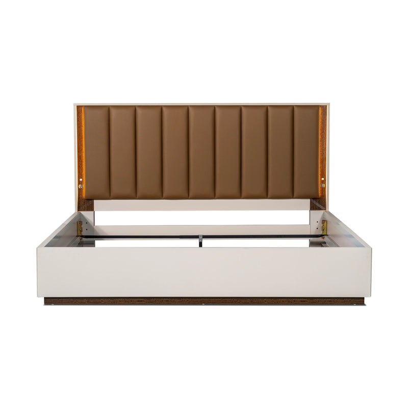 Michael Amini Pavira upholstered bed with integrated LED lights, featuring a plush headboard and modern design for stylish bedroom decor.