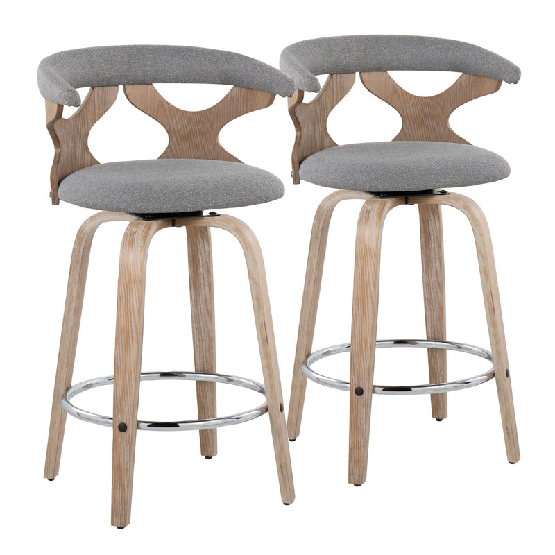 Lumi Source Gardenia mid-century modern fixed height counter stools with swivel, set of 2, featuring sleek wooden seats and metal bases.
