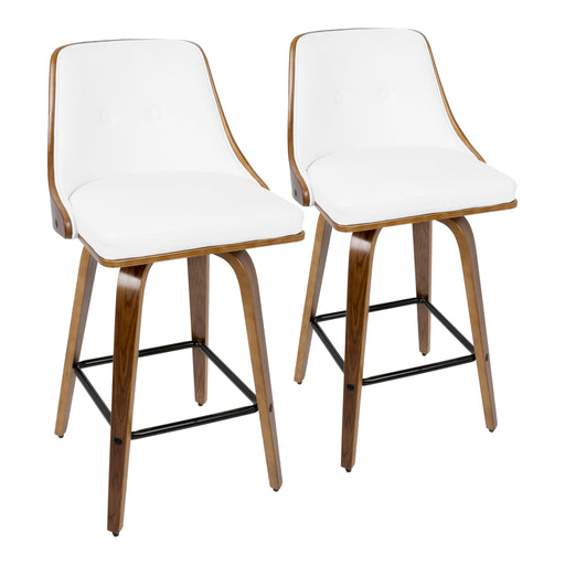 Pair of Lumi Source Gianna mid-century modern counter stools with wooden legs and upholstered seats, set of two.