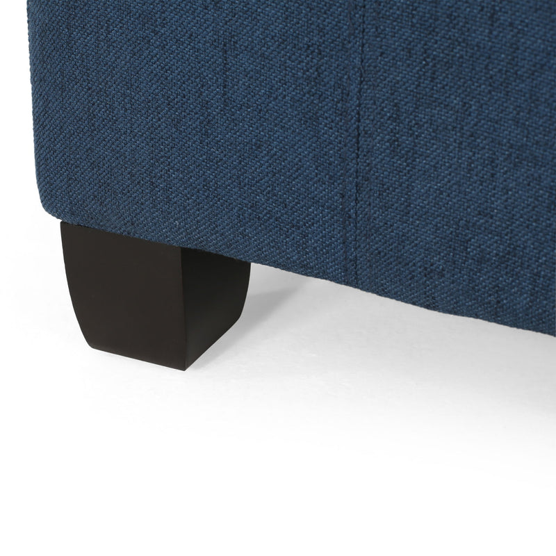 Noble House Isabella contemporary storage ottoman with cushioned top and wooden legs, ideal for living room seating and storage.