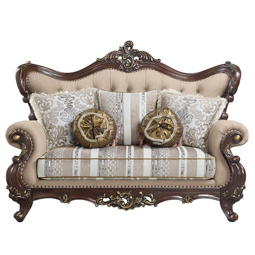 Ragnar - Loveseat With 5 Pillows - Light Brown Linen & Cherry - R&R Furniture Gallery (Fountain Valley, CA)