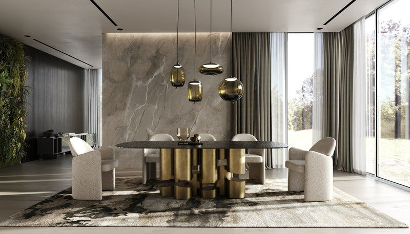 Chancery - Modern Dark Grey Glass + Antique Brass Dining Table