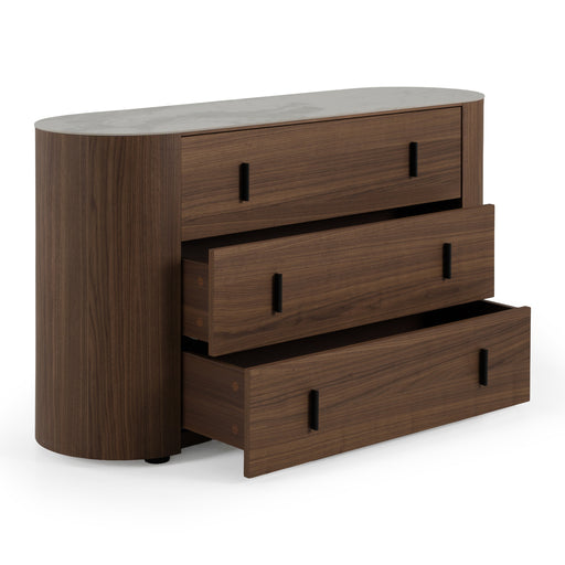 Chelton - Contemporary White Ceramic & Walnut 3-Drawer Dresser — view 2