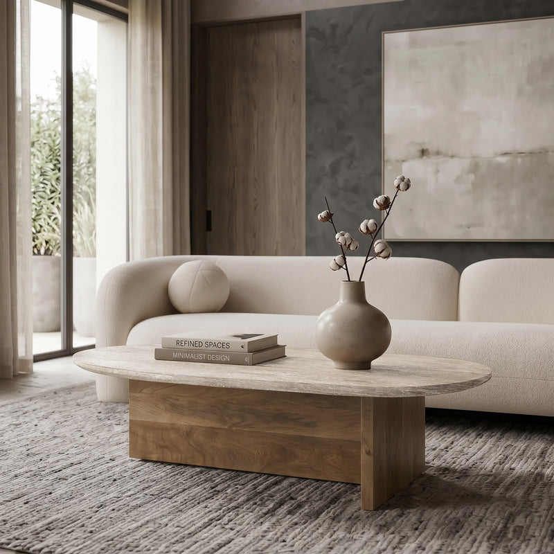 Chisholm - Modern Travertine Marble + Wood Freeform Coffee Table — view 3