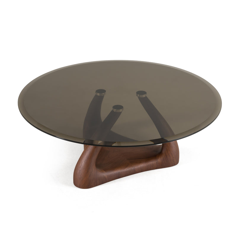 Christy - Mid-Century Modern Grey Glass + Walnut Round Coffee Table — view 2