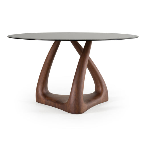 Christy - Mid-Century Modern Grey Glass + Walnut Round Dining Table