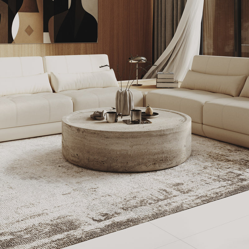 Cozad - Modern Faux Travertine Round Coffee Table — view 5