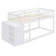 DreamHaus bunk bed with built-in four drawers and three shelves, featuring a sturdy wooden frame and safety rails.
