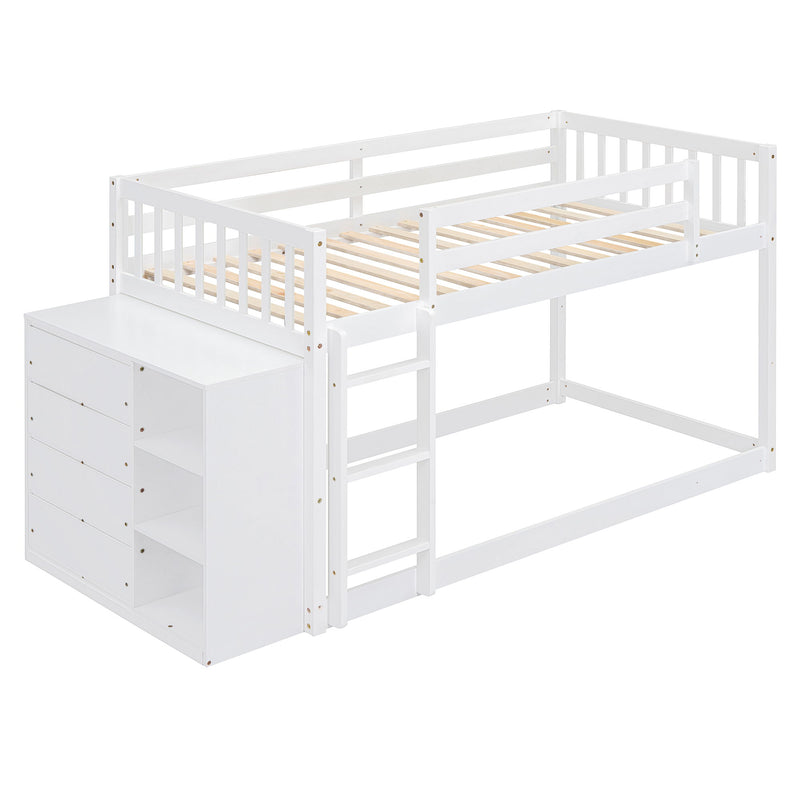 DreamHaus bunk bed with built-in four drawers and three shelves, featuring a sturdy wooden frame and safety rails.
