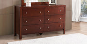 Cherry Summit dresser by Glory Furniture showing a sleek wooden dresser with a rich cherry finish and multiple drawers.