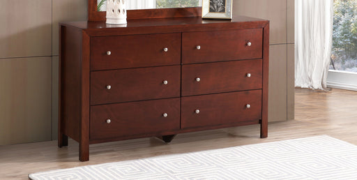 Cherry Summit dresser by Glory Furniture showing a sleek wooden dresser with a rich cherry finish and multiple drawers.