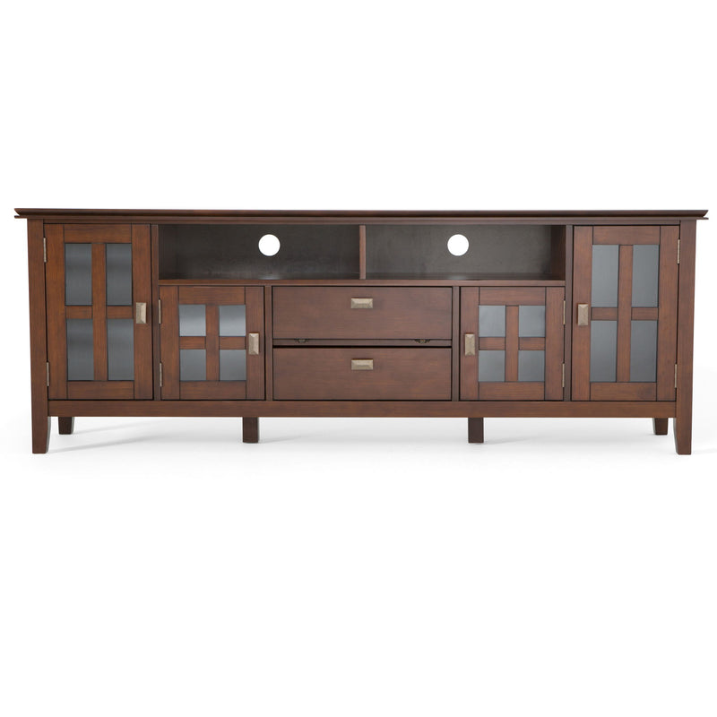 Rustic Russet Brown Artisan TV media stand by Simpli-Home with open shelves and storage compartments for media devices.