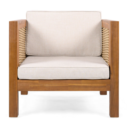 Outdoor Club Chair With Rope Arm And Cushions - Beige / Teak - R&R Furniture Gallery (Fountain Valley, CA)