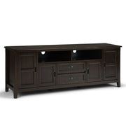 Simpli-Home Burlington TV media stand with open shelves and storage compartments in a modern wood finish.