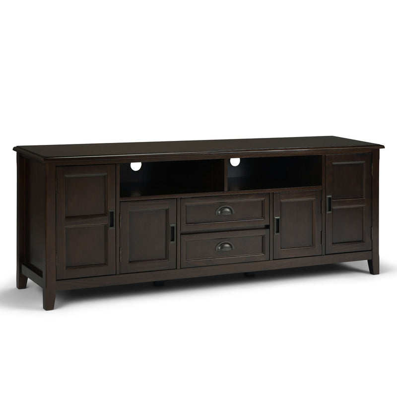 Simpli-Home Burlington TV media stand with open shelves and storage compartments in a modern wood finish.