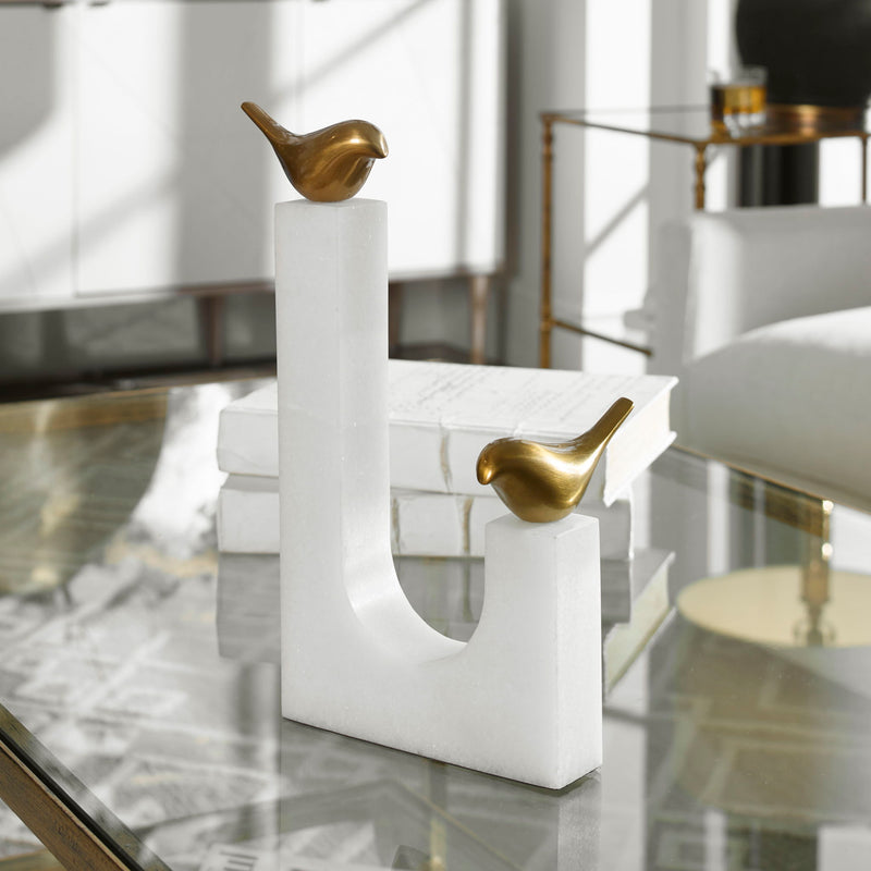 Brass Songbirds sculpture by Uttermost featuring detailed bird figurines in a sleek, artistic design for home decor.