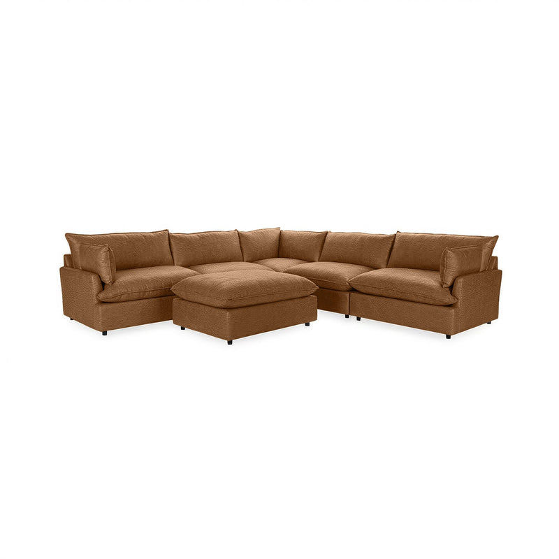Classic Home Caplan 6-piece modular sectional with matching ottoman, modern 2-piece living room set in a cozy fabric upholstery.