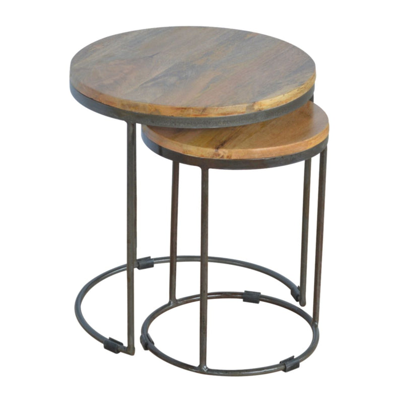 Round Stool Table With Iron Base (Set of 2) - Brown / Black - R&R Furniture Gallery (Fountain Valley, CA)