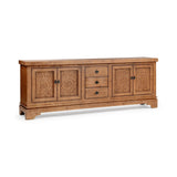 Classic Home Amita brown 3-drawer, 4-door buffet cabinet with sleek design and ample storage space.