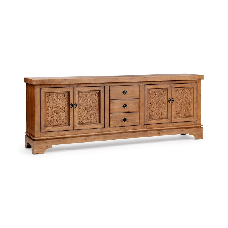 Classic Home Amita brown 3-drawer, 4-door buffet cabinet with sleek design and ample storage space.