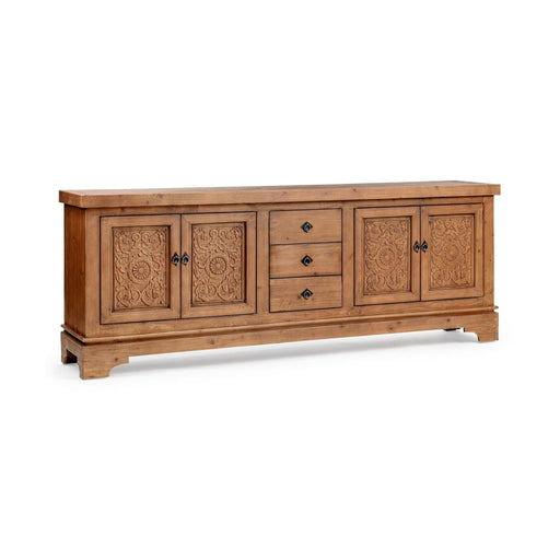 Classic Home Amita brown 3-drawer, 4-door buffet cabinet with sleek design and ample storage space.