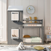 DreamHaus wooden bunk bed with roof, window, guardrail, and ladder, showcasing a sturdy, multi-level kids' bed with cozy design.