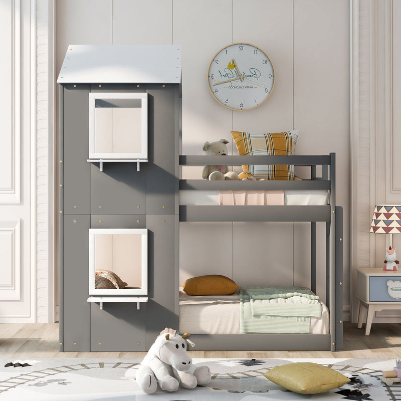 DreamHaus wooden bunk bed with roof, window, guardrail, and ladder, showcasing a sturdy, multi-level kids' bed with cozy design.