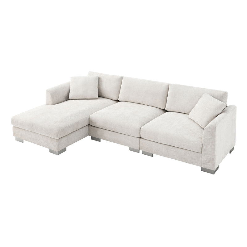 Luxe & Co. modern cloud L-shaped sectional sofa with oversized chaise, four seats, and two free pillows, stylish stationary couch set