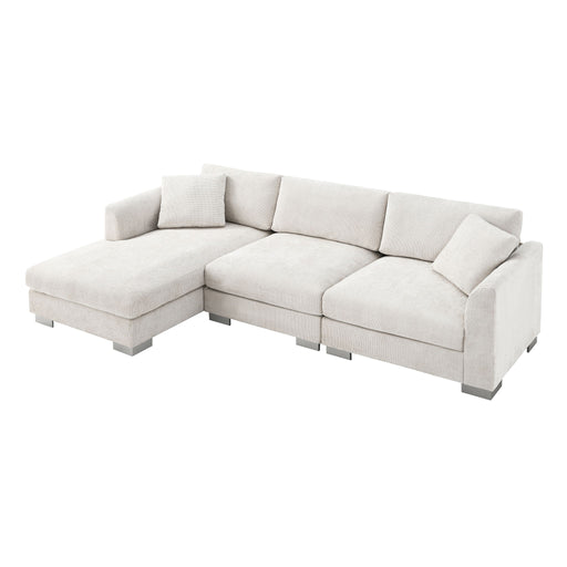 Luxe & Co. modern cloud L-shaped sectional sofa with oversized chaise, four seats, and two free pillows, stylish stationary couch set